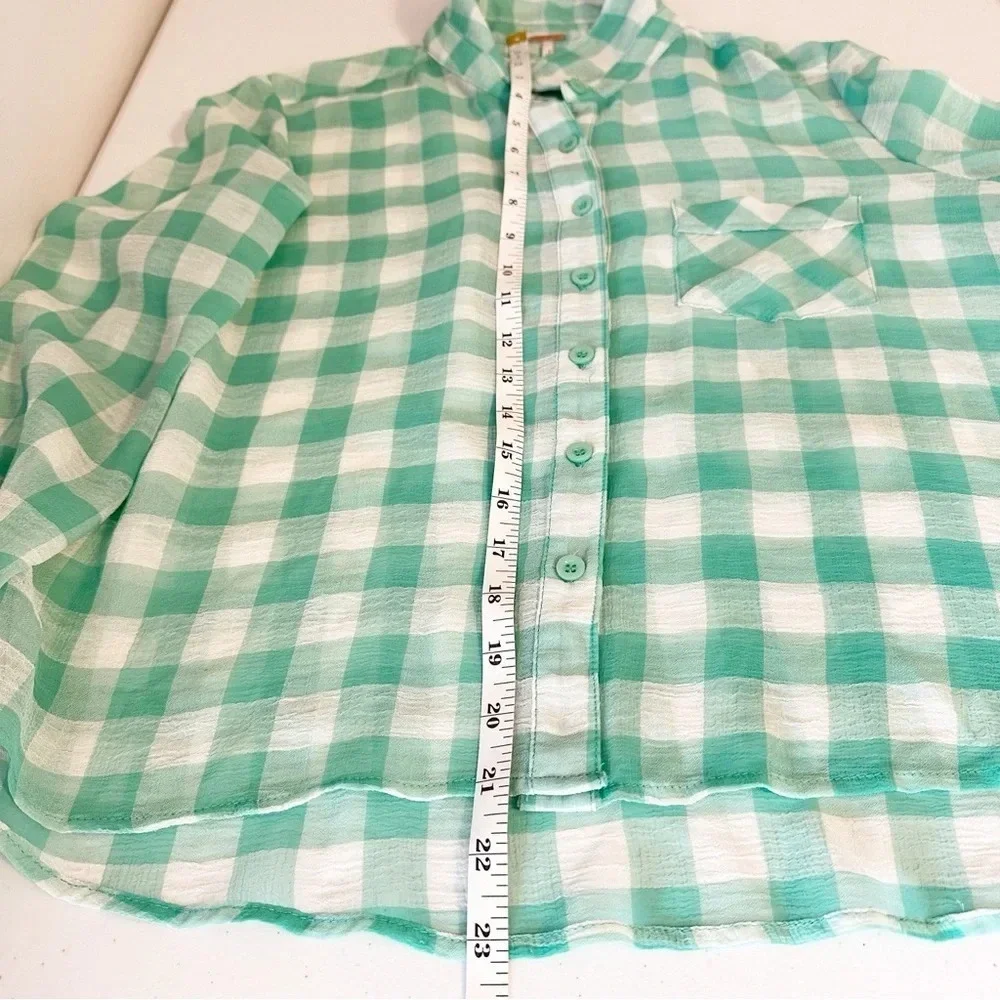 FREE PEOPLE Semi Sheer Gingham Blouse Button Up Top Green White High Low Small